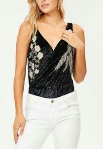 Black Velvet Embroidered Sleeveless Bodysuit